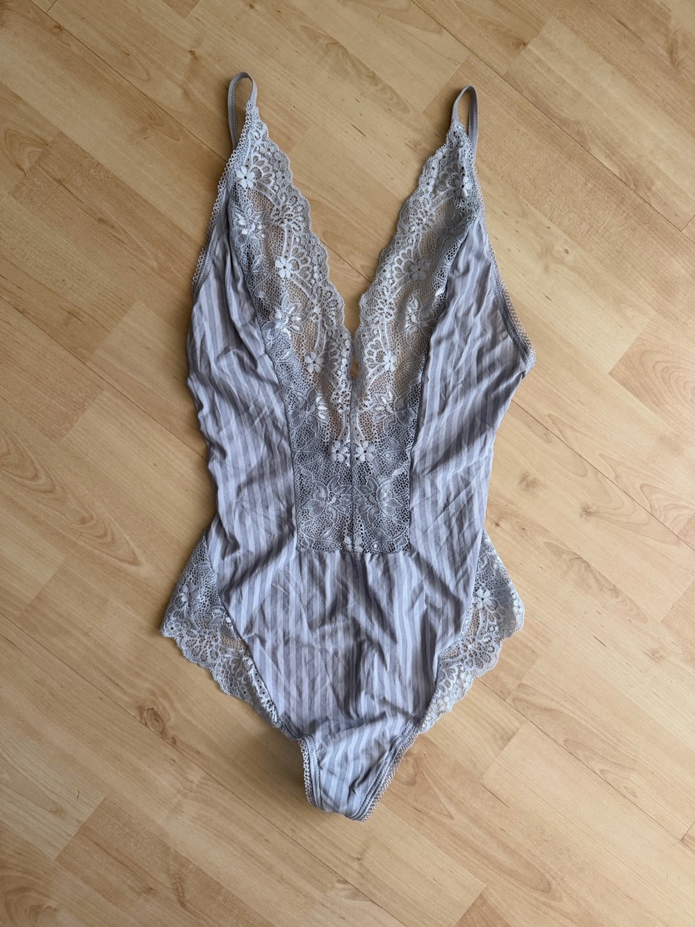 Lace Trim Striped Satin Bodysuit - Silver Light Gray